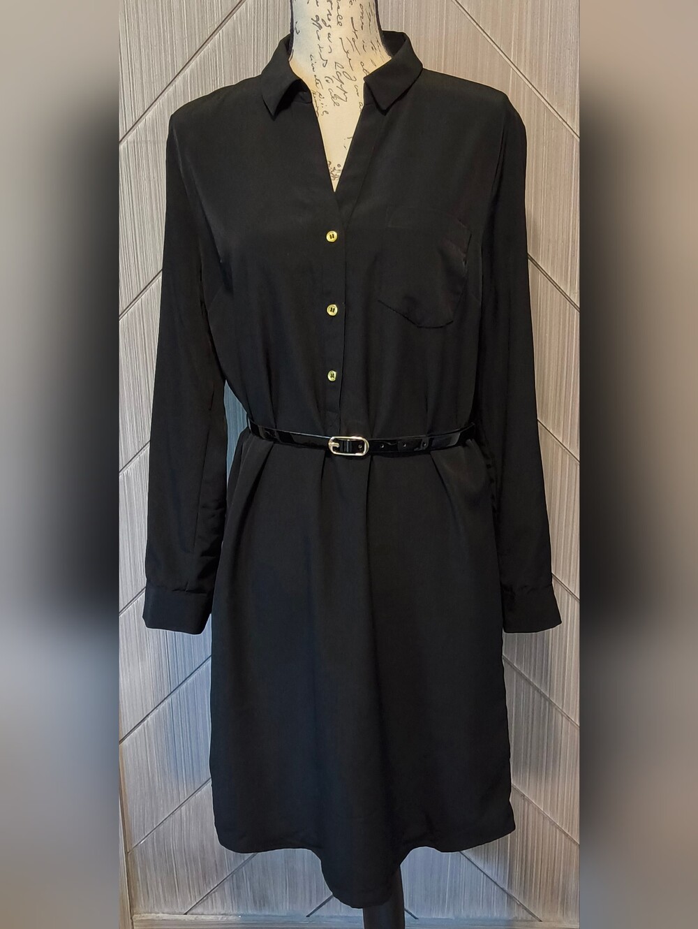 The Limited Ashton L Black Belted Shirt Dress Gold Buttons Long Sleeve